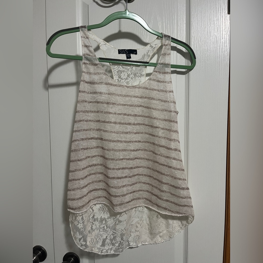 SWS Women's Lace Back Striped Tank Top - White and Brown